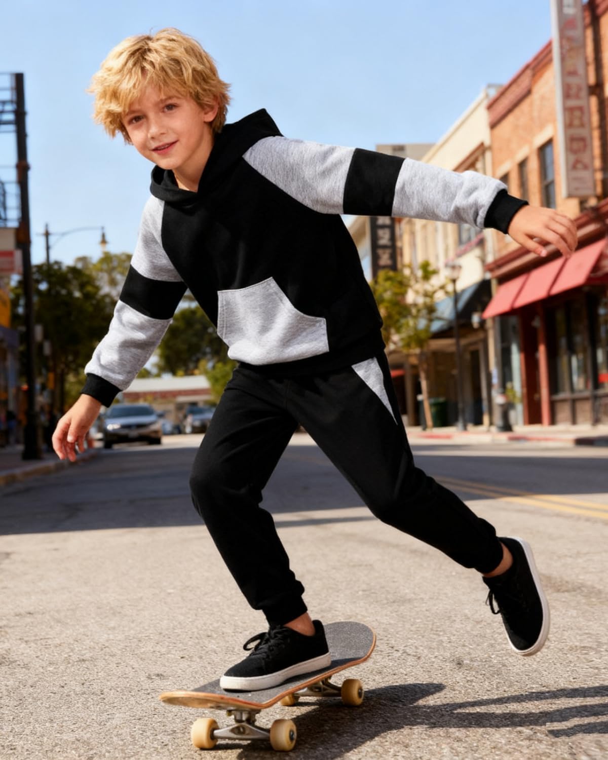 5-11Y Boys Clothes Long Sleeve Hooded Pullover Colorblock Sweatshirt + Pants 2pcs Fall Winter Outfit Set - Image 3