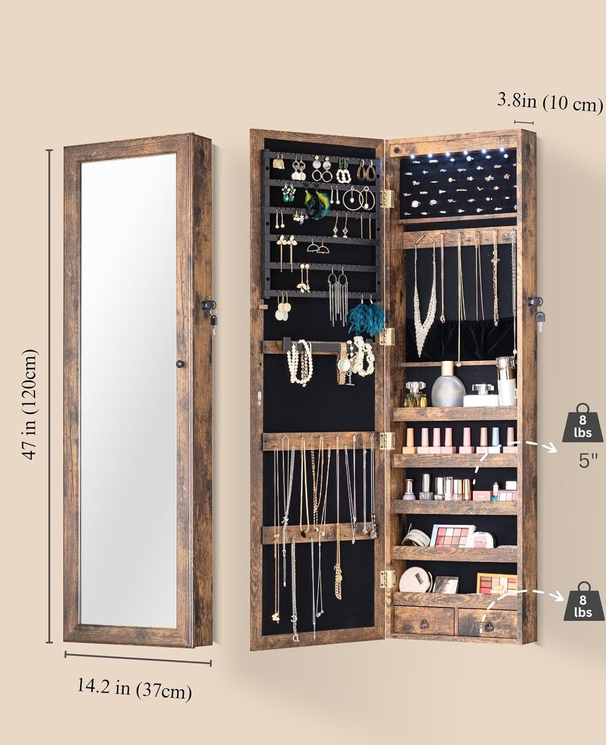 BTEXPERT 47" Mirror Jewelry Cabinet Armoire with 6 LED Lights, Large Full Length Jewelry Organizer with Storage, Wall-Mounted or Door-Hanging Mirror Cabinet, Rustic Brown,Lock Key