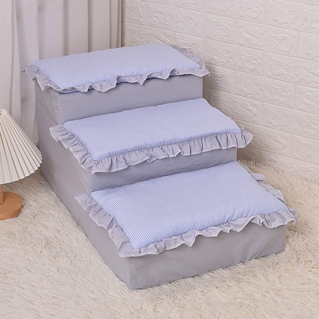 Inicio Escaleras para Mascotas Relleno de Espuma de Alta Densidad, Escaleras para Perros de 3 escalones Escaleras para Gatos con Almohada extraíble, 65 * 40 * 30 cm (Blue 65 * 40 * 30cm)