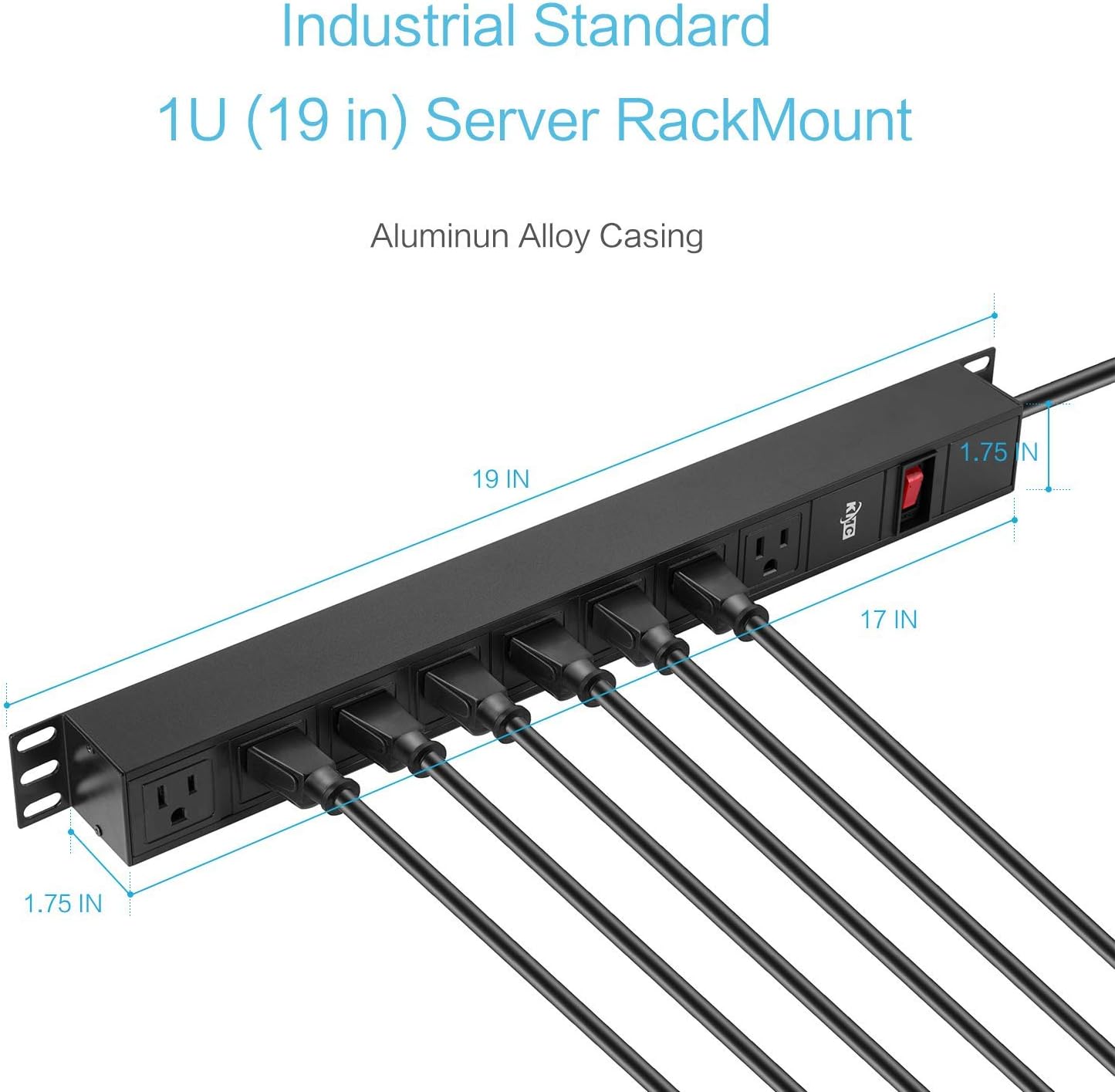 Diagram showing the dimensions of the KMC 8-outlet power strip, including its 19-inch length and 1.75-inch height, with multiple plugs inserted.