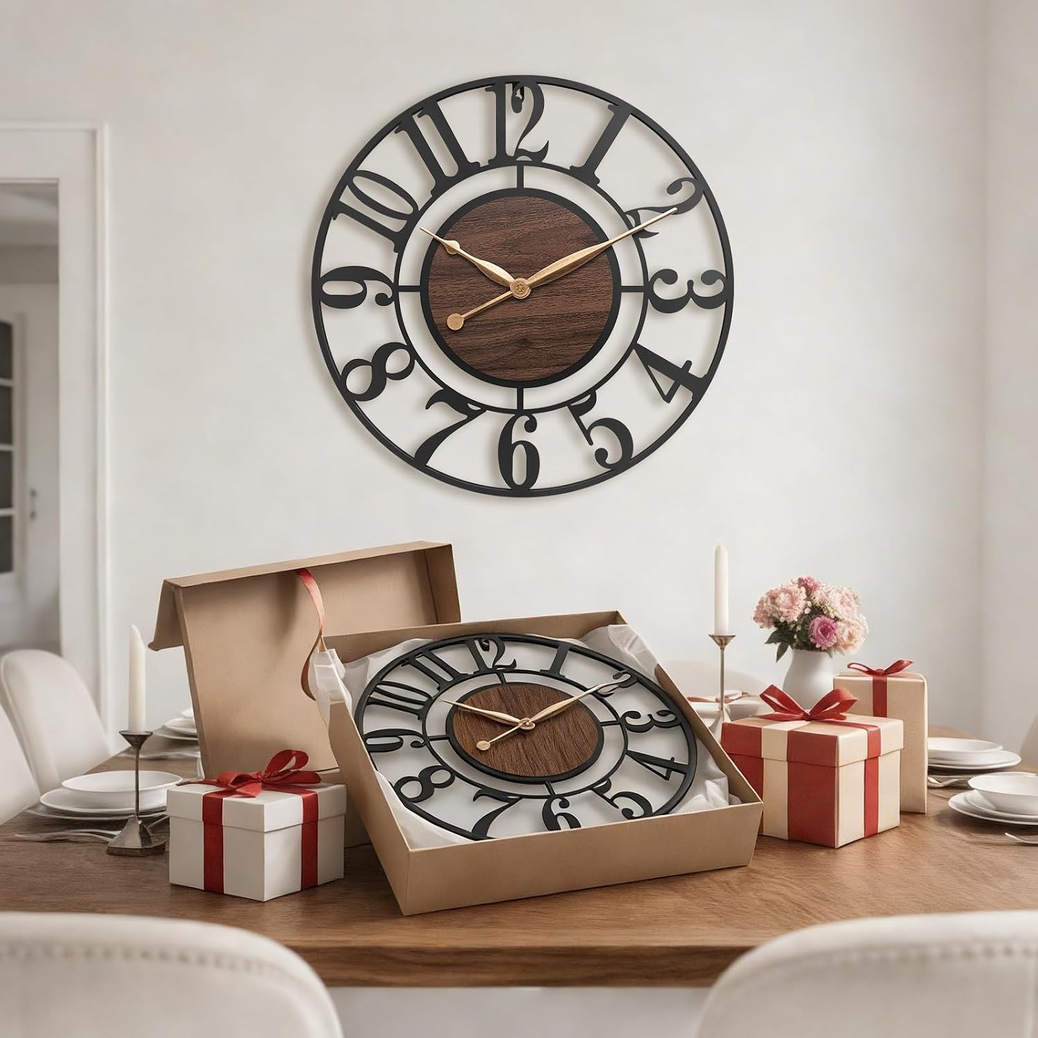 24 Inch Black Arabic Numeral Large Wall Clock with Walnut Dial