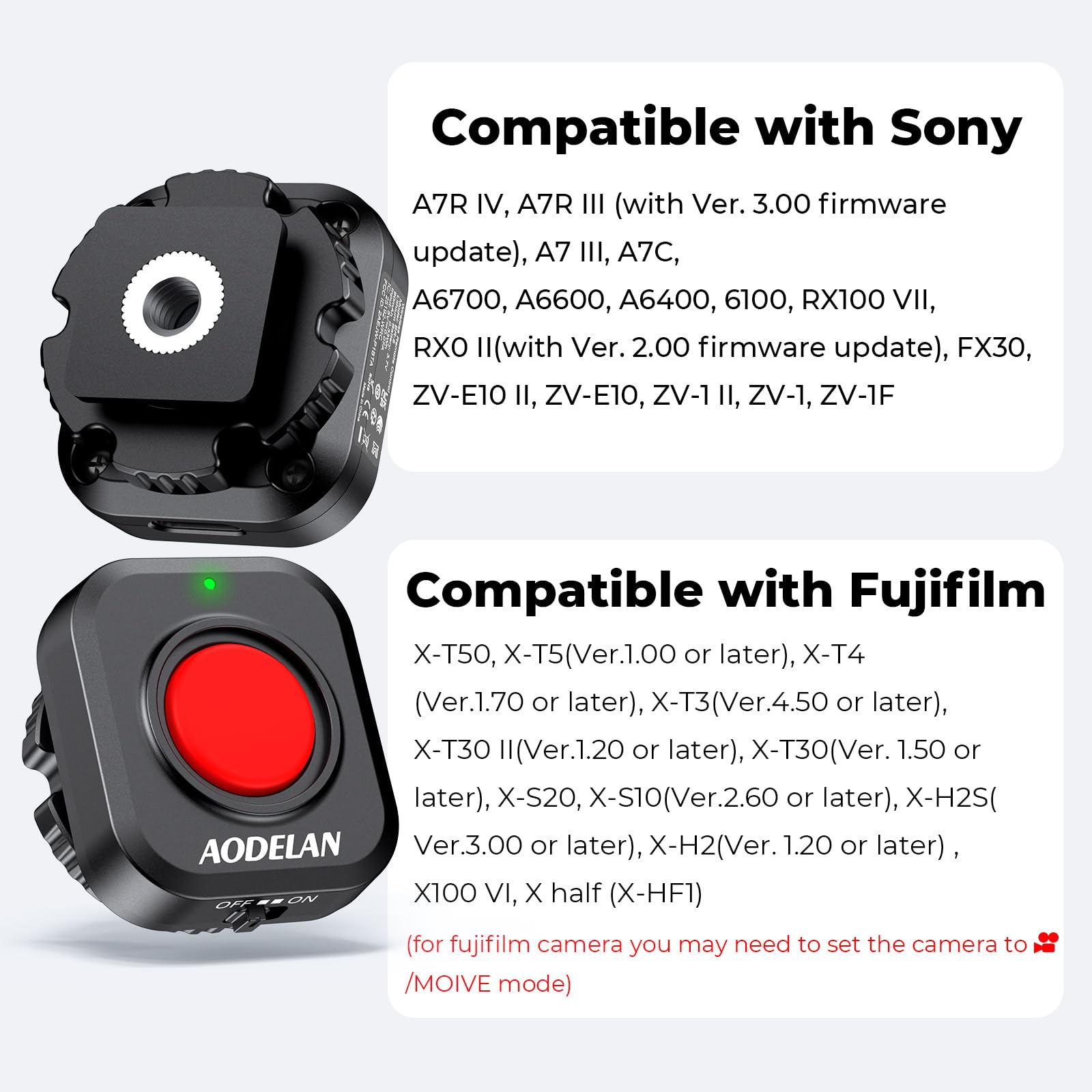 Drahtloser Kamera-Videoaufnahmeknopf für Top-/Seitengriff – AODELAN Wiederaufladbare Videosteuerungs-Fernbedienung mit Kalt-Schuh-Verriegelung für Canon EOS R50/R6, für Sony ZV-E10 II, für Nikon Z50II