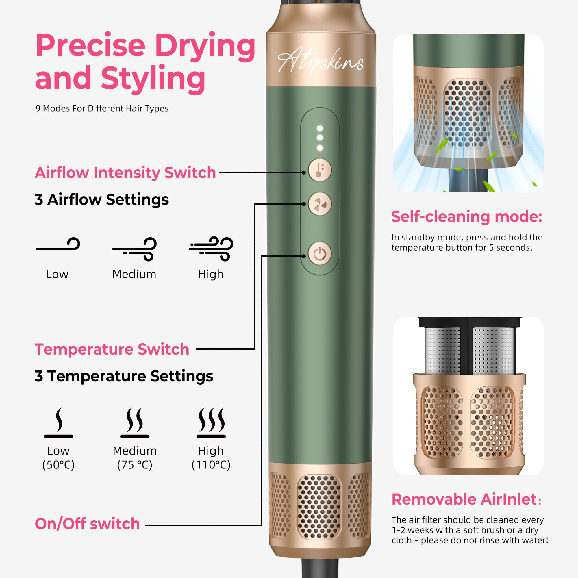 Atopskins Hairstyler Warmluftbürste 7 in 1 Airstyler set,110000 RPM Ionen Haartrockner Set mit Föhn,Luftstrom Rundbürsten Föhnbürste, Lockenstab,Glättbürste,für Haar Volumen, Glätten,Locken und Föhnen