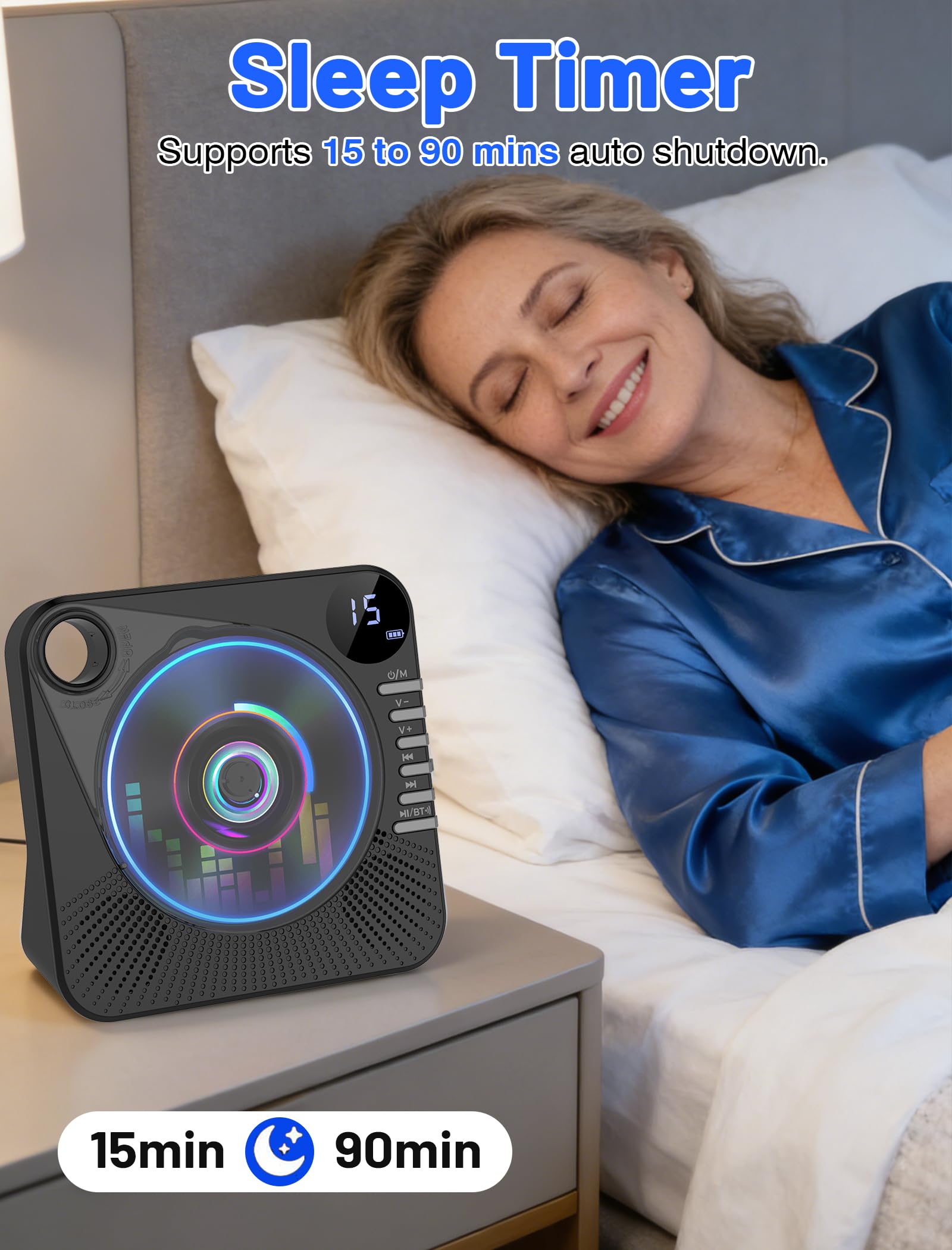 Gracioso Lettore CD portatile con Bluetooth, 4000mAh ricaricabile, altoparlanti stereo HiFi, telecomando, 5 EQ, ripetizione A-B, display a LED, USB/AUX/jack da 3,5 mm