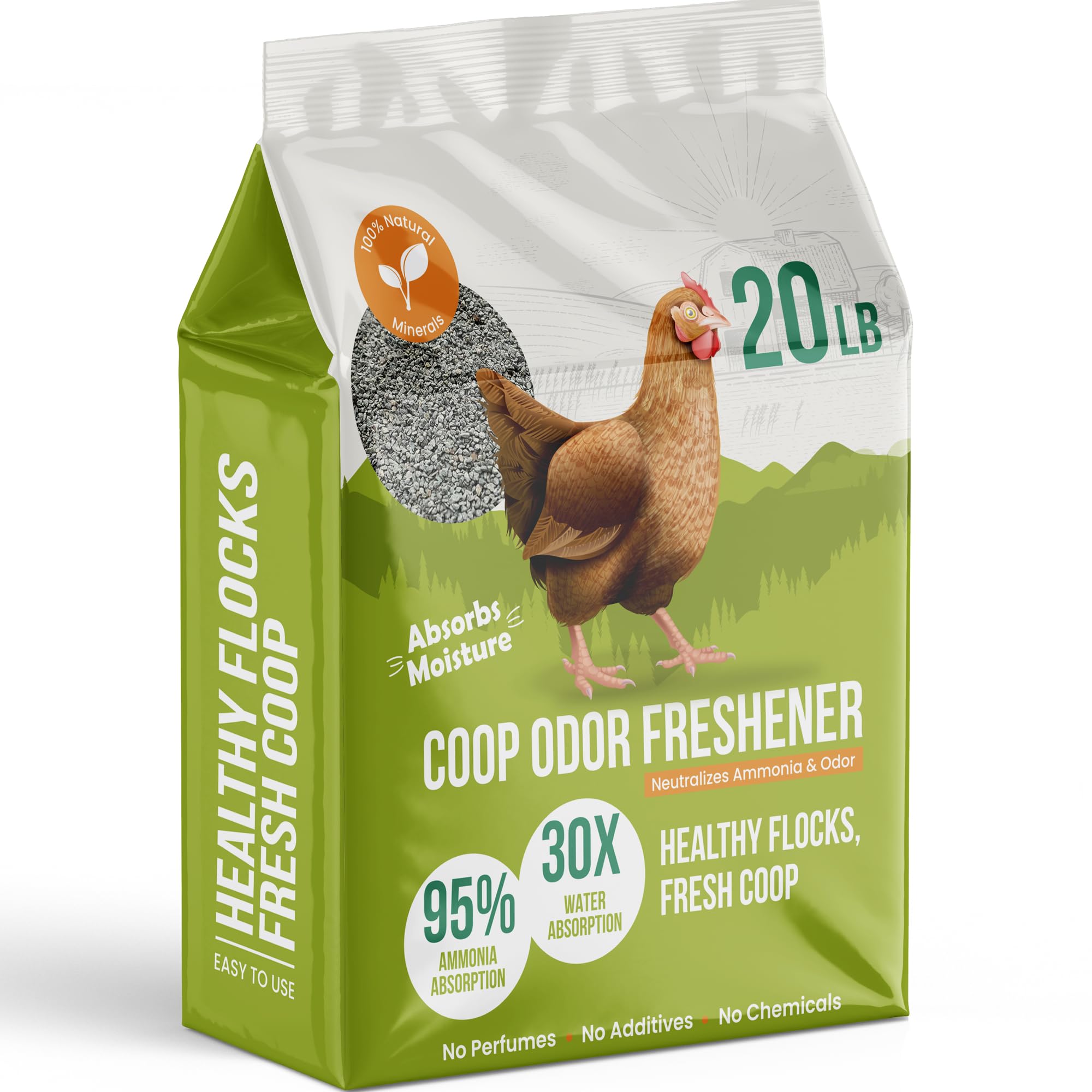Chicken Coop Refresher - 20 libras: eliminador de olores totalmente natural, absorbente de humedad y neutralizador de amoníaco - Desodorizante, accesorios de gallinero para correr- Elimina el olor de