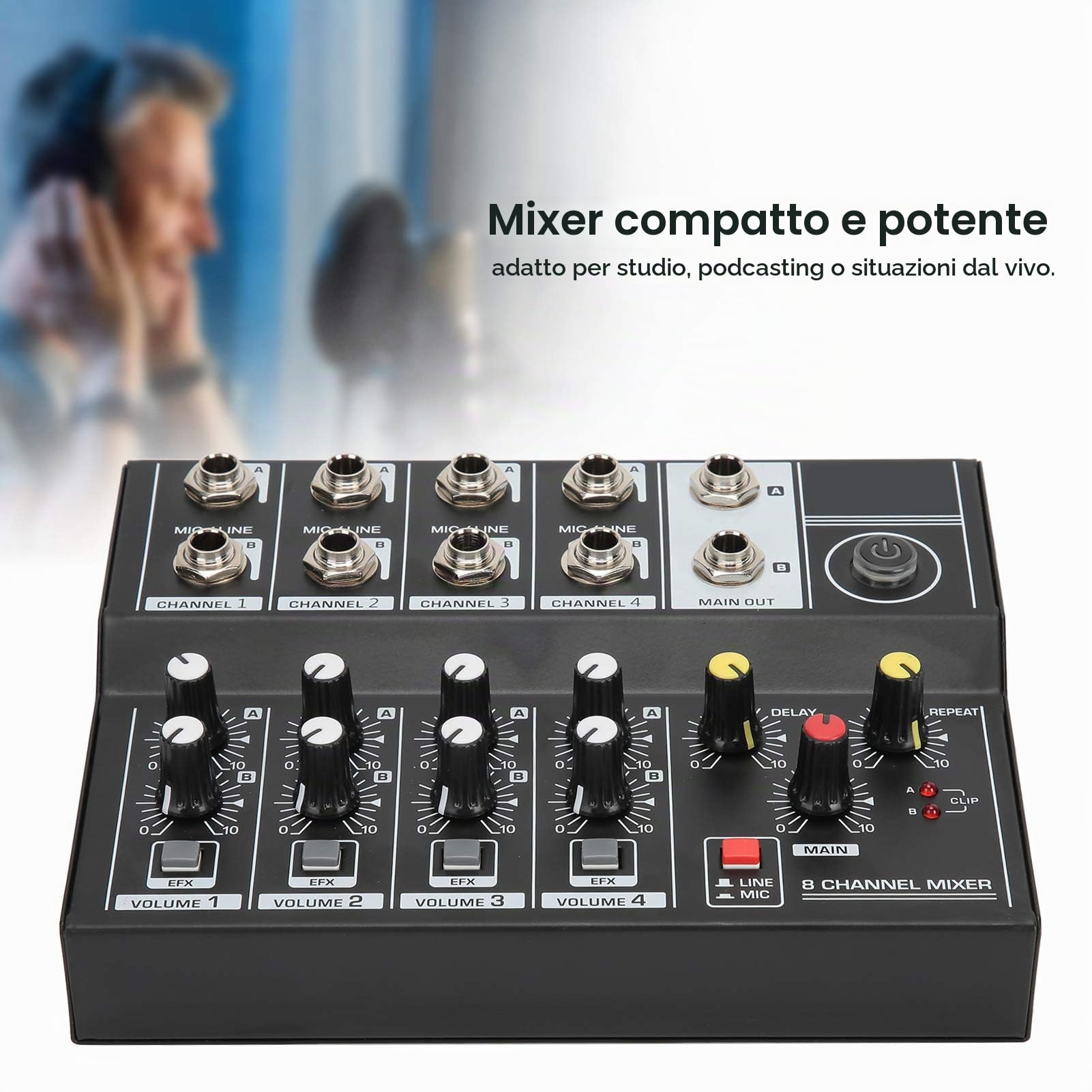 Mixer professionale, mixer stereo portatile a 8 canali, batteria ricaricabile integrata da 1200 mAh, console amplificatore microfono per karaoke, feste