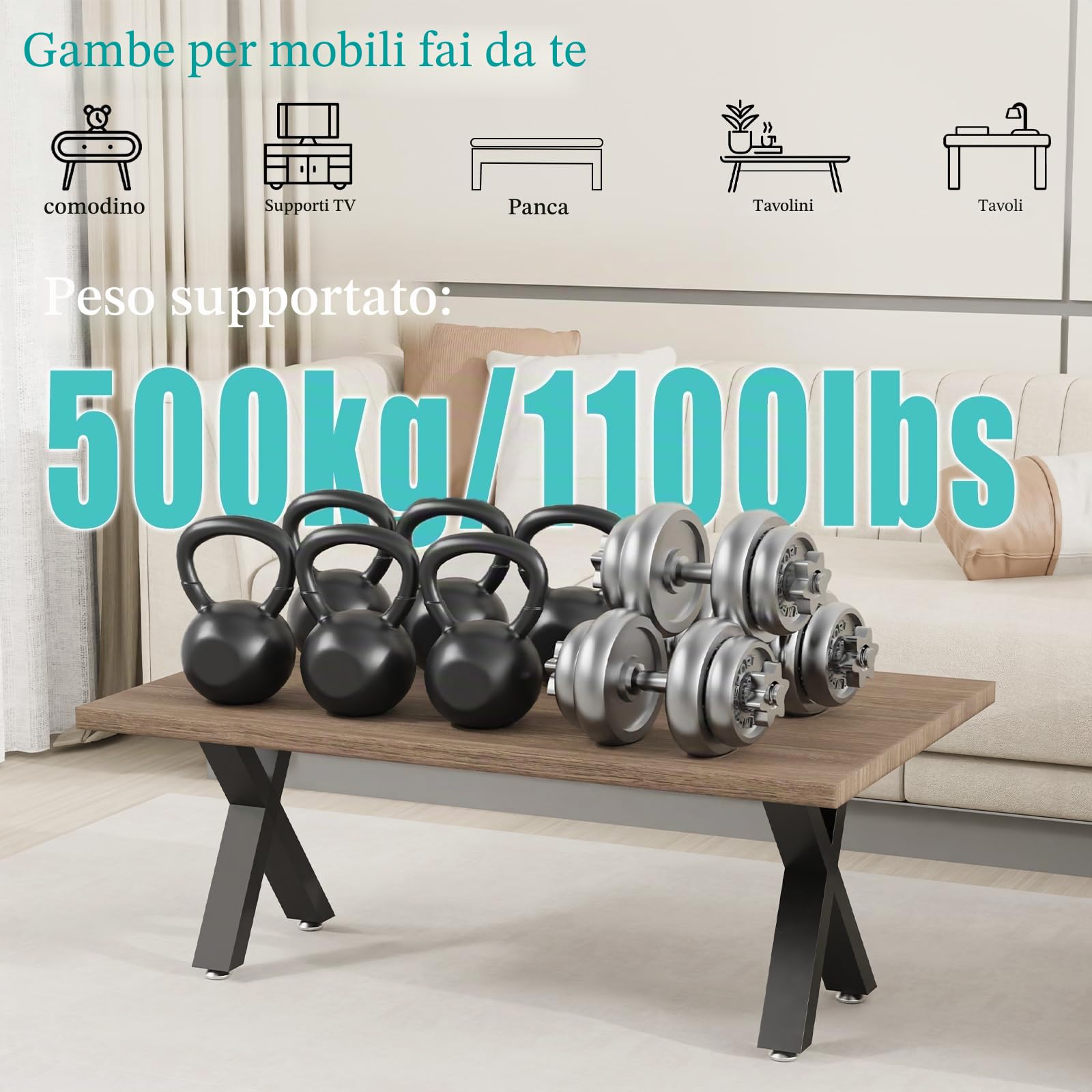 2 Set Gambe per Tavolo, Carico 500kg, X-Tipo, 42x30x8 cm, Nero