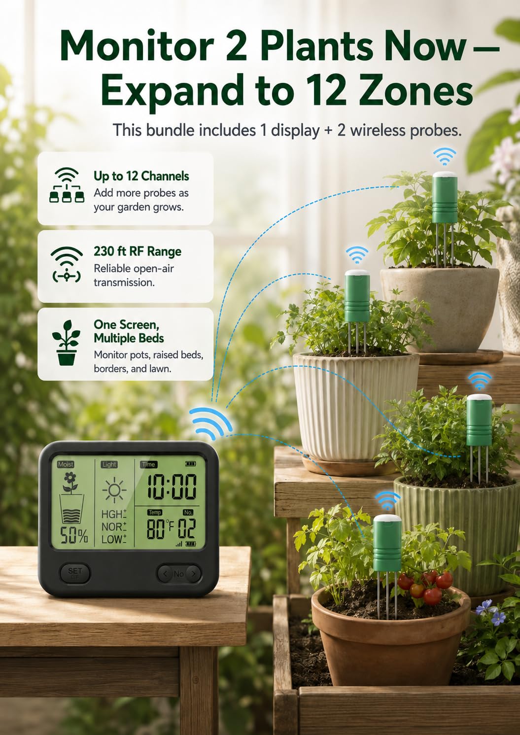 Pflanzenboden-Feuchtigkeitsmesser mit 70 m RF kabellos, wasserdicht und LCD-Display für Feuchtigkeit, Temperatur, Sonnenlicht, Zeit, ideal für Garten, Bauernhof, Rasenpflege im Freien (4-in-1