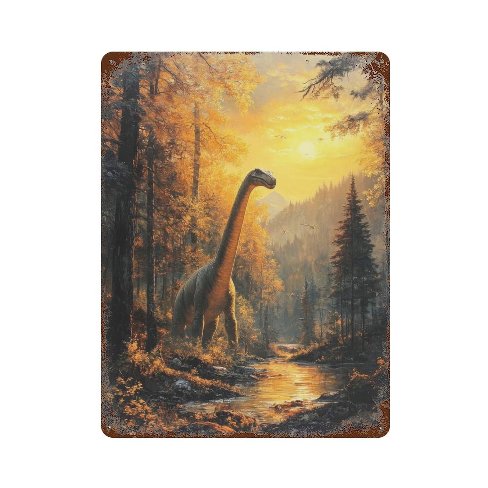 Garage Style Dinosaur Sunset Vintage Rust Metal Sign 15.7"x11.8", Rustic Home Decor for Bar And Workshop