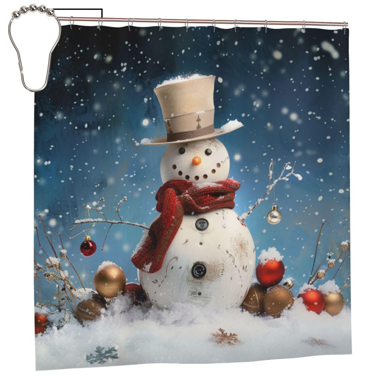 BWWHCCTI Snowman Printed Shower Curtain With 12 Iron Hooks Opaque Quick Drying Waterproof Shower Curtains Sets For Bathroom 183x183 CM