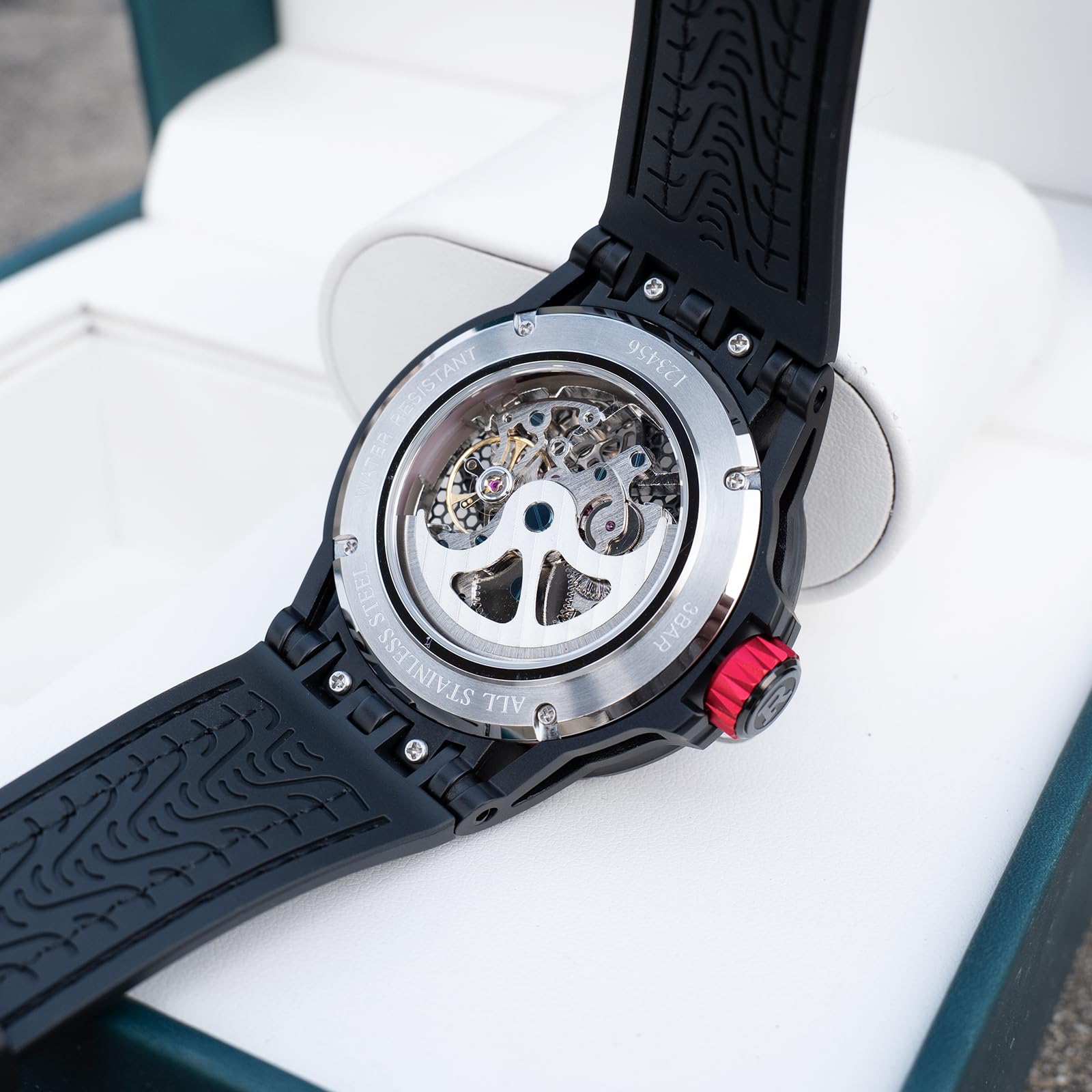 OBLVLO Męski 46 mm mechaniczny automatyczny zegarek maszynowy z wydrążoną tarczą 50 m wodoodporny gumowy pasek wojskowy zegarek RD-901