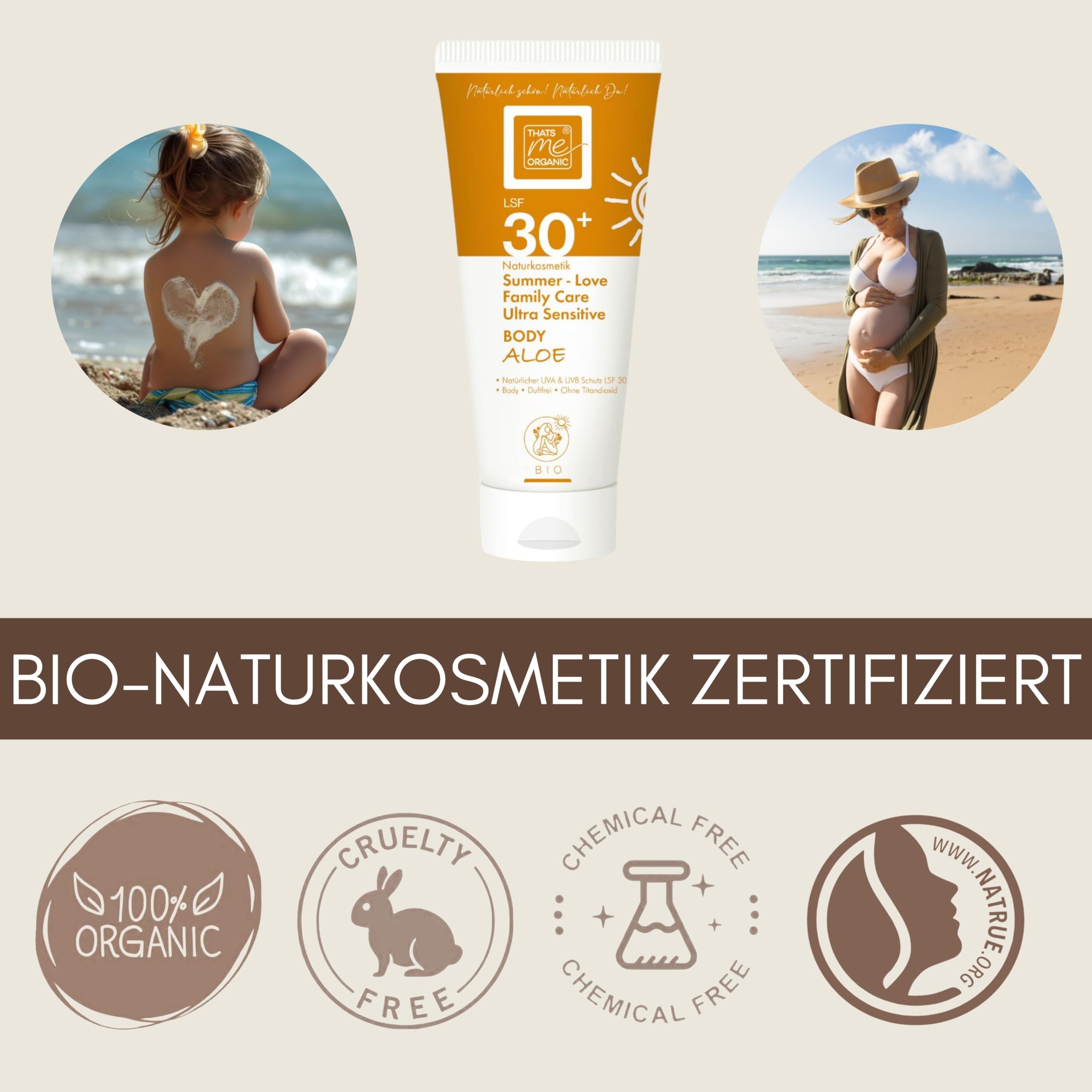 Thats me organic Bio Sonnencreme LSF30+ (200 ml) – Natürliche Sonnencreme für den Körper – vegan, wasserfest & ohne Weißfilm – Sonnenschutz für Kinder & Babys – NATRUE zertifiziert