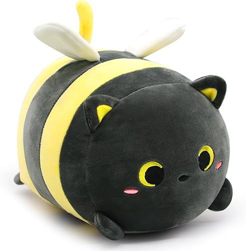 Almohada de gato negro con abeja de peluche, 20 cm de gatos lindos con abeja de peluche, gatos kawaii de peluche, abejas de peluche suaves y gato de