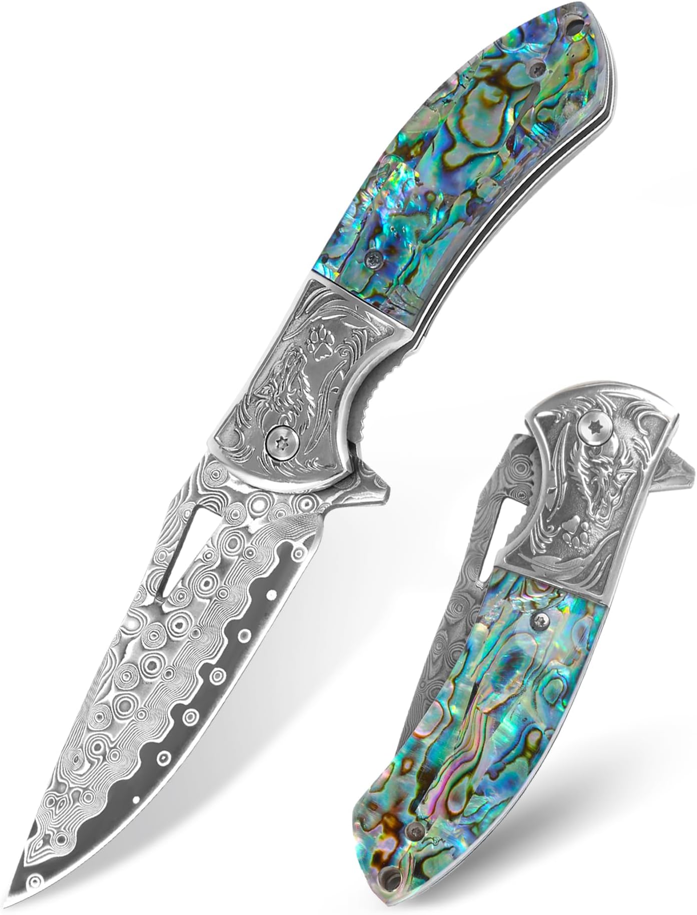 Damascus Pocket Knife with Abalone Shell Handle, Sharp 3.35" VG10 Damascus Steel Blade Folding Knife,EDC Camping Knives for Outdoor Indoor, Ideal Gifts for Women Men