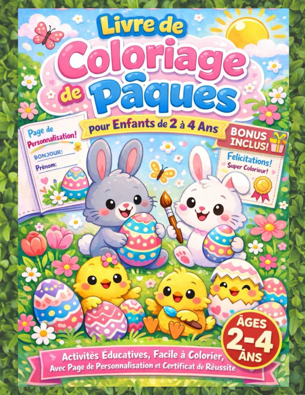 Livre de Coloriage de Pâques pour Enfants de 2 à 4 Ans: Activités Éducatives, Facile à Colorier, Avec Page de Personnalisation et Certificat de Réussite