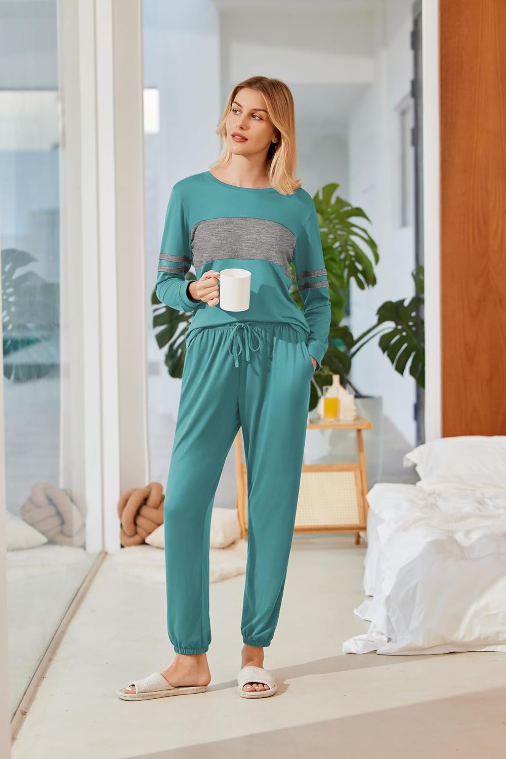 Ekouaer Womens Pajama Sets Long Sleeves 2 Pieces Casual Loungewear Outfits Round Neck Sleepwear with Pockets - Image 2