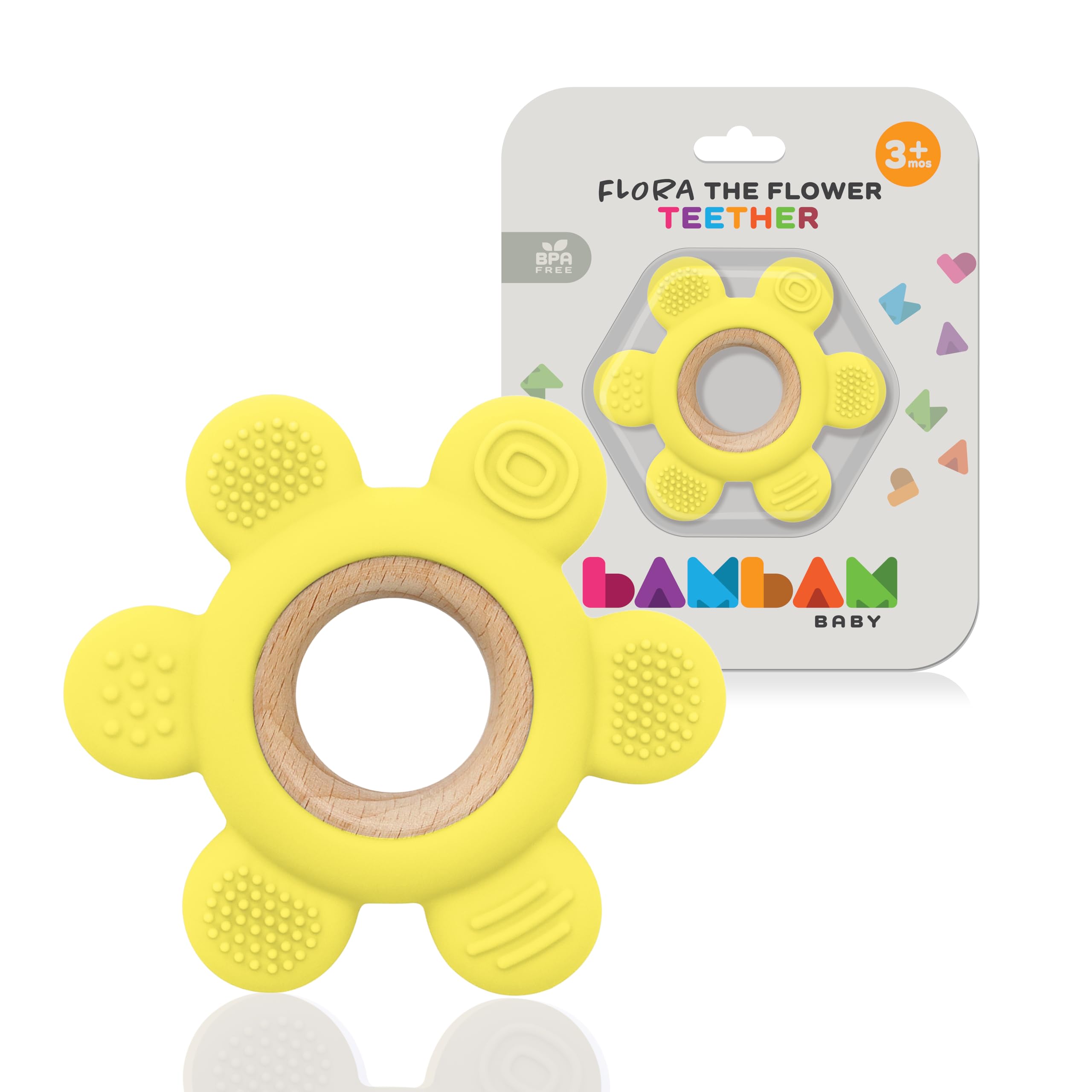 BamBam BabyPremium Silicone Baby Teething Ring Toy – Flora The Flower | 100% BPA-Free, Child Safety Tested, Soothing Massage Points, for Babies & Infants 0-6 Months (Sunny Side Up)
