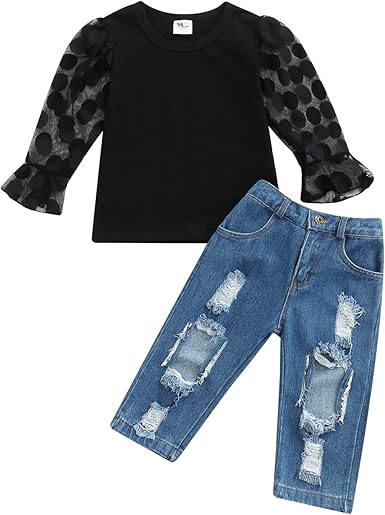 Amazon Com Kid Baby Girl Denim Pants Outfits Long Sleeve Dot Pattern Crew Neck Black Shirt Tops Ripped Hole Jeans Set Clothing Shoes Jewelry