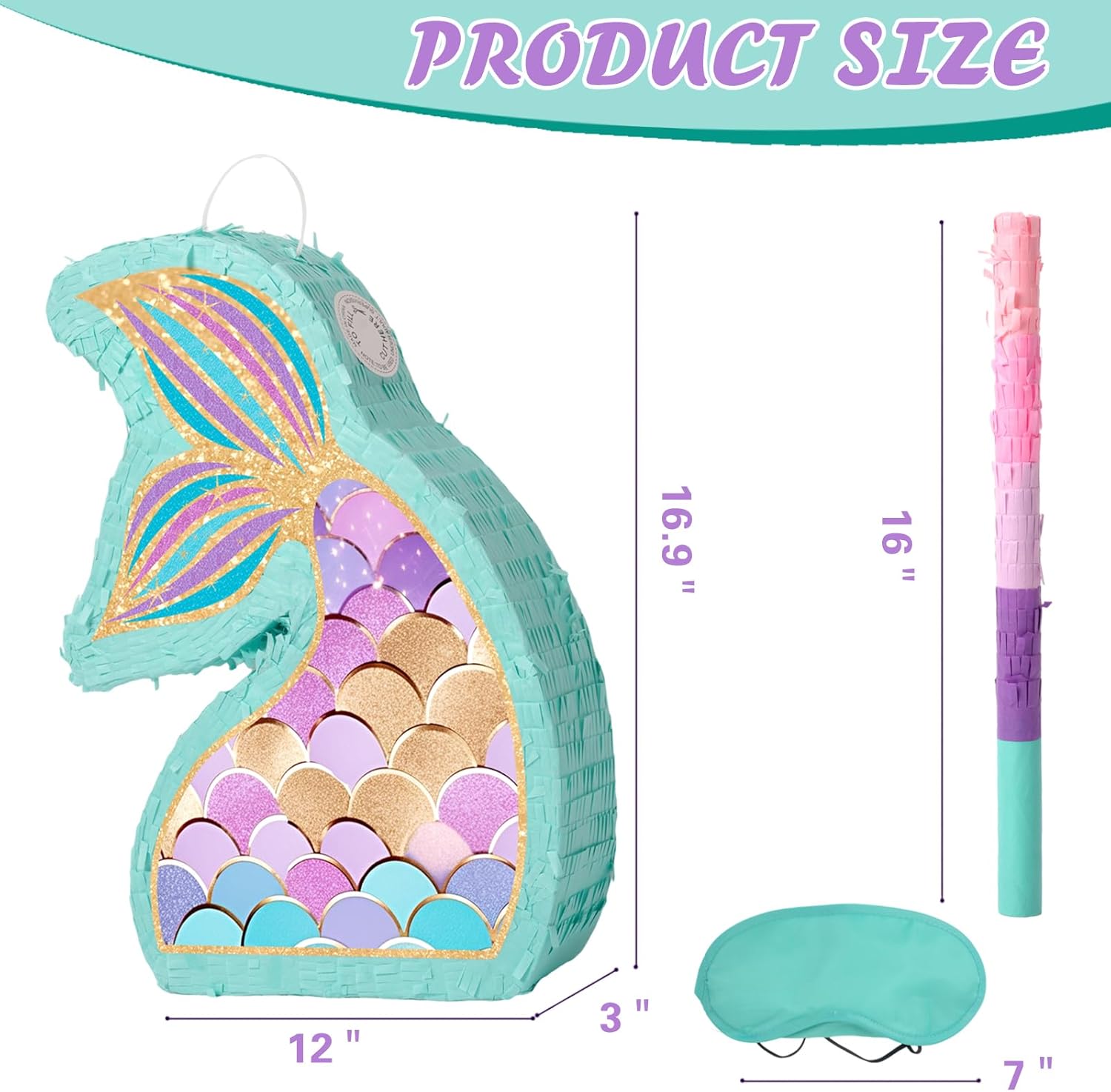 Mermaid Tail Pinata - Mermaid Pinata with Blindfold and Bat for Girls Kids Ocean Theme Birthday Party Game Decorations (Small Size 17”x12”x3”)