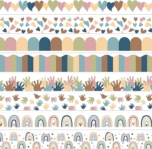 Bordes bohemios de 82 pies para tablón de anuncios, diseño de corazón de arco iris, decoración a mano, bordes coloridos festoneados, estilo bohemio,