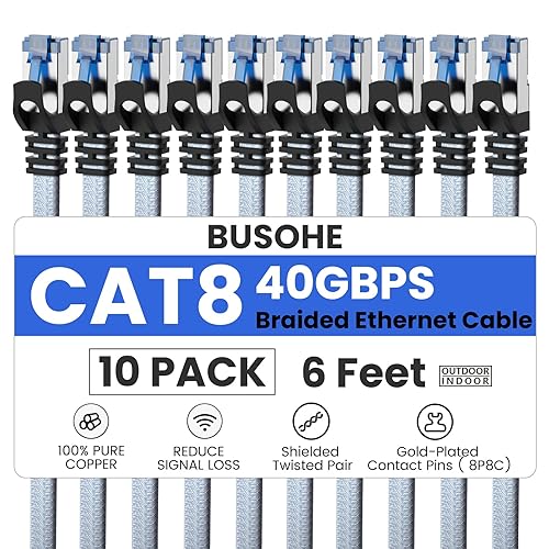 Miniatura 15 de BUSOHE Cable Ethernet Cat 8 de 8 pies 5 Pack, cable para conexión de red LAN de nailon trenzado de alta velocidad, cable plano aislado de 40 Gbps