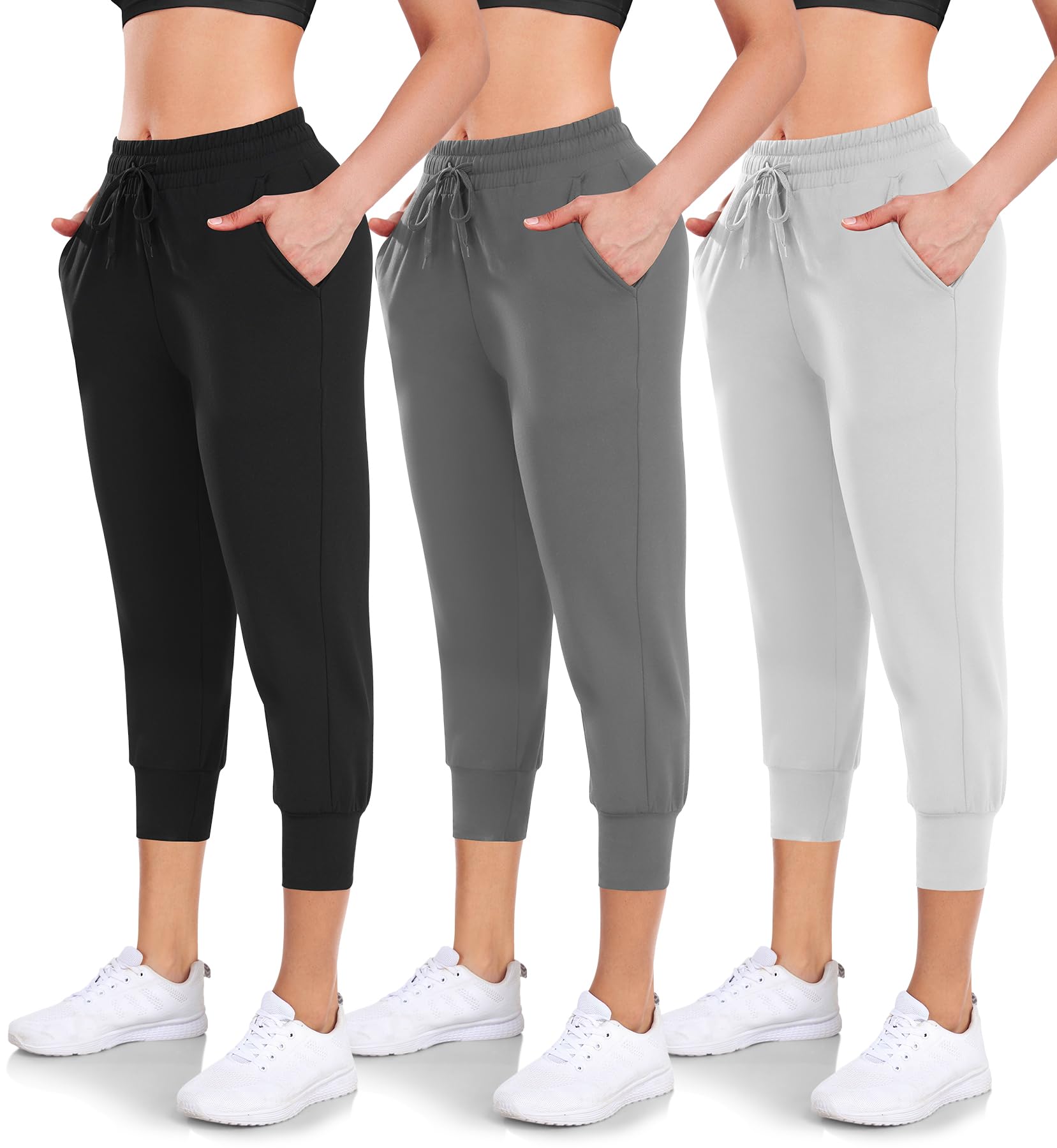 Hi Clasmix 3 Pack Capri Sweatpants Women,Womens Joggers with Pockets Athletic Leggings for Workout Yoga Running