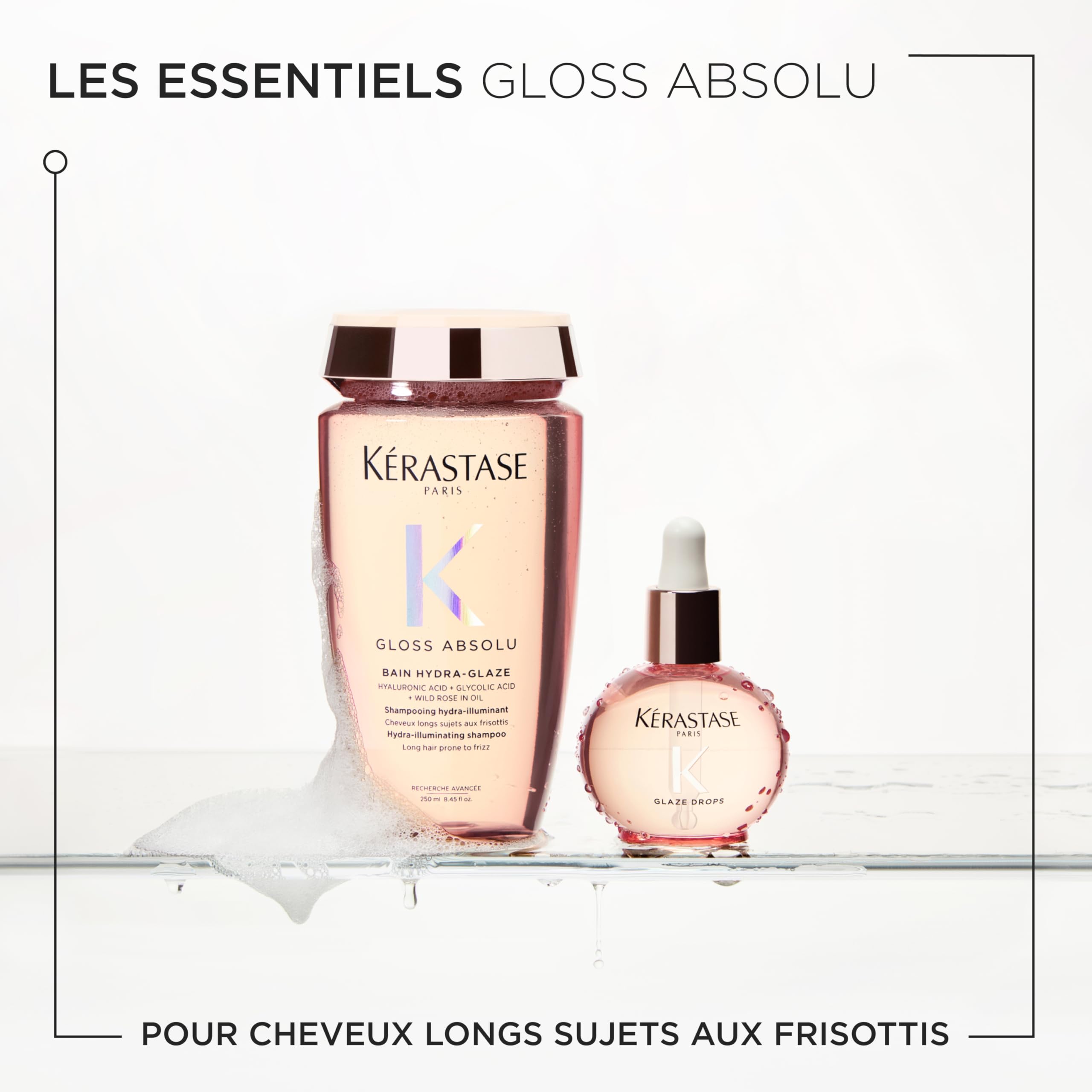 KERASTASE Gloss Absolu - Duo Shampoing Bain Hydra-Glaze 250 ml + Huile Glaze Drops 45 ml - Hydrate, Adoucit & Discipline - Légèreté Aérienne - Effet Ultra-Glossy - Cheveux Longs Sujets aux Frisottis