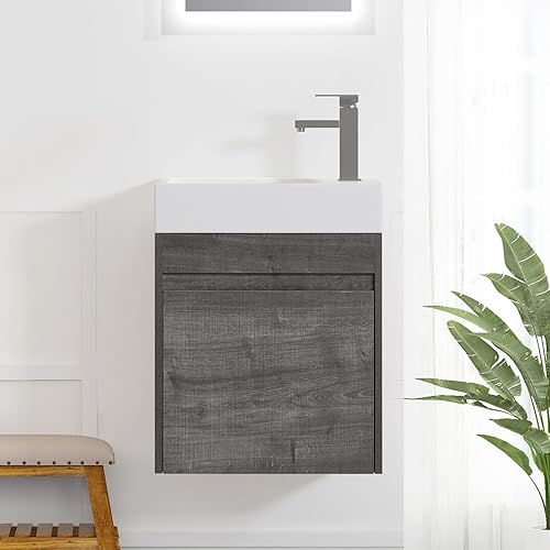 SSLine Juego de tocador de baño montado en la pared con lavabo, moderno juego de tocador de baño individual de 18 pulgadas con lavabo superior y