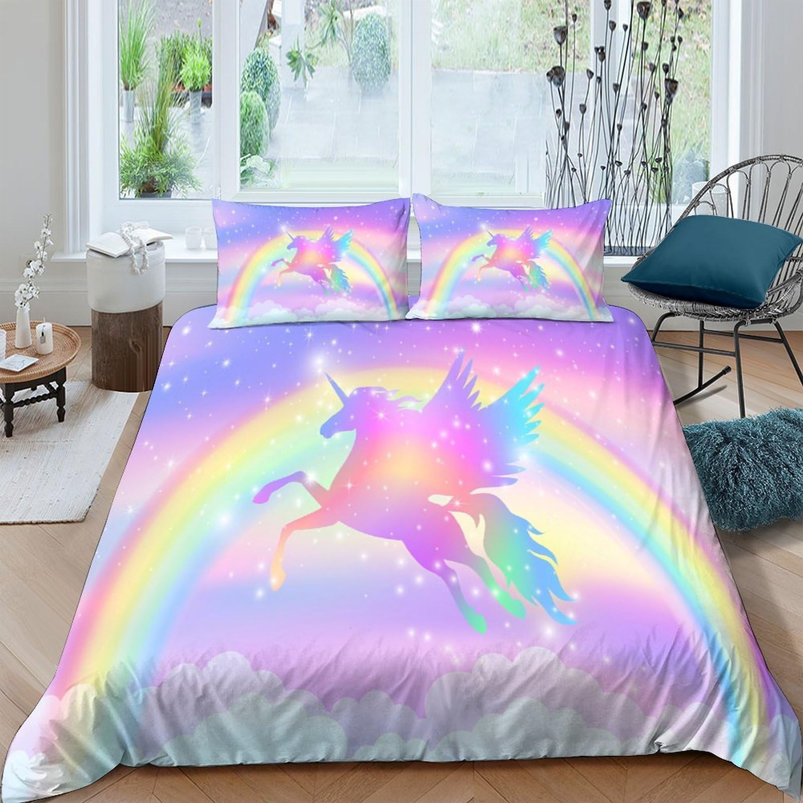 Ctjqhvkz Style-2 3D Printed Rainbow Unicorn Fitted Sheet Microfiber Soft Non Slip Bed Sheet Pastel Fantasy Bed Cover For Bedroom Guest Room Single（135X200cm）