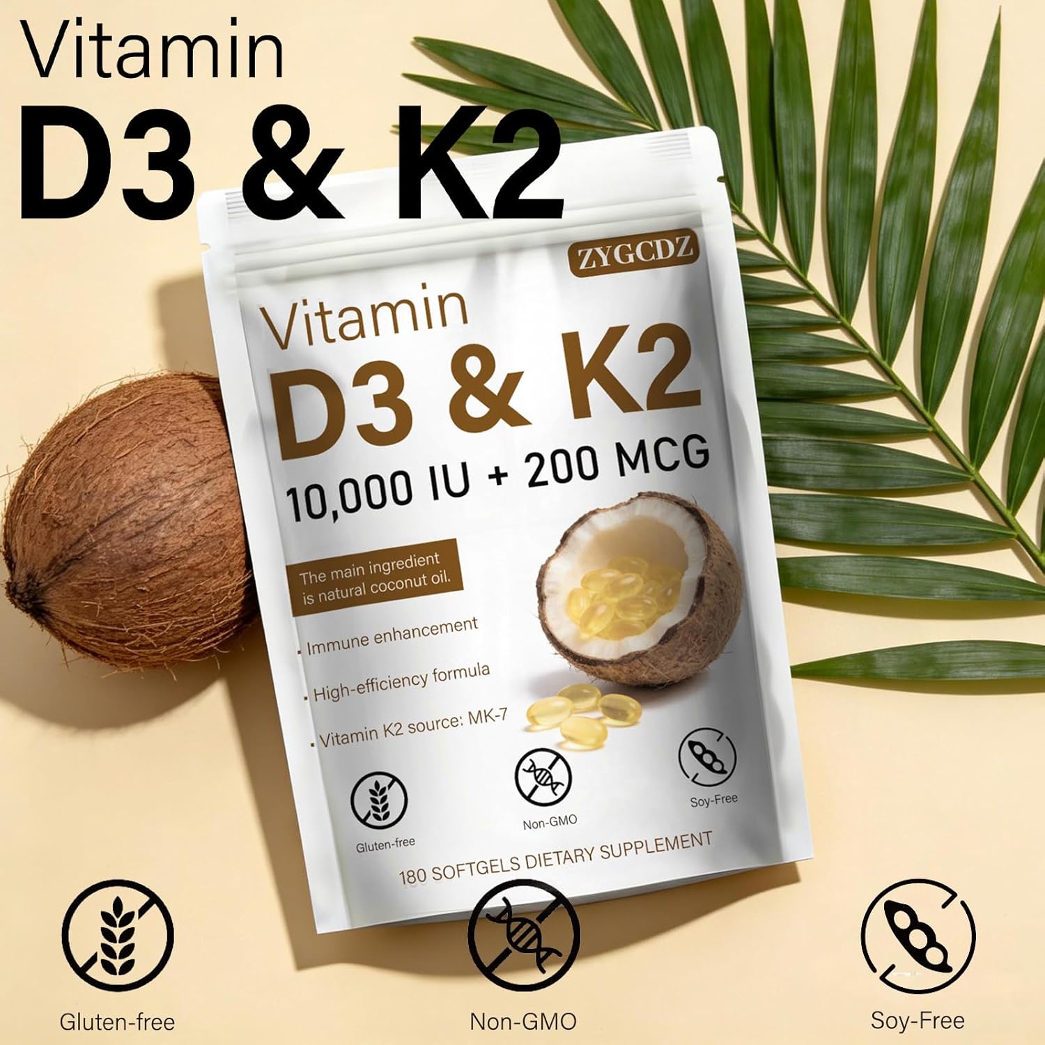 Vitamin D3 10000 IU with K2 MK-7 200 mcg Softgels, 180 Count | Supports Bone, Heart & Immune Health | Enhanced Absorption with Organic Coconut Oil, Non-GMO, Easy to Swallow Supplement (01)