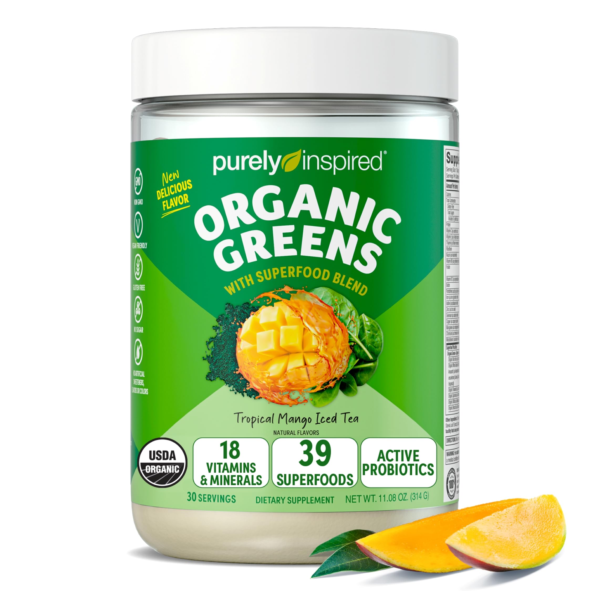 Purely Inspired Organic Green Powder Smoothie Mix, Tropical Mango Iced Tea Flavor (30 Servings) - Probiotics for Digestive Health with Spirulina & Chlorella for Gut Health - Vegan