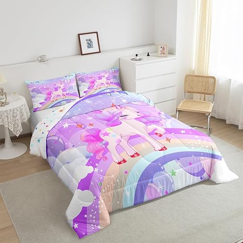 Miniatura 9 de Feelyou Juego de ropa de cama de unicornio para niñas, tamaño individual, juego de edredón de unicornio floreciente de cerezo para niños, estilo