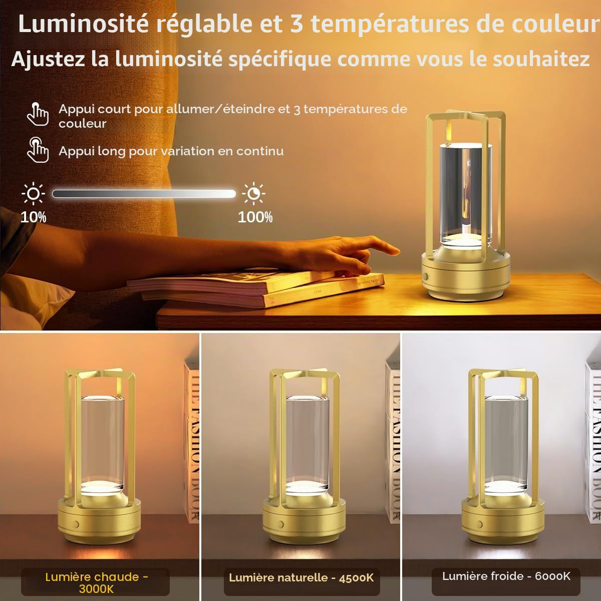 Hapfish Lampe de chevet tactile sans fil LED，Batterie de 3000mAh, 2pcs | lumiere bureau rechargeable usb, 3 températures de couleur, luminosité réglable, pour chevet, restaurant, exterieur, chambre