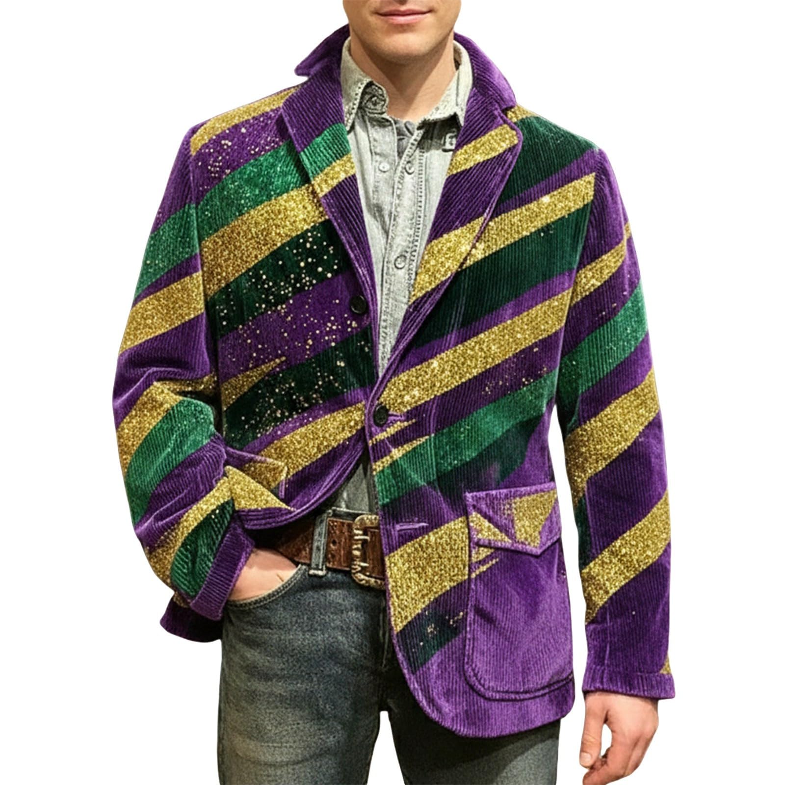 Mardi Gras Jacket Mens Holiday Blazer Outfits Plus Size Suit Sequin Top Accessories Costume Corduroy Cardigan Apparel, Z-11-Purple, 3XL