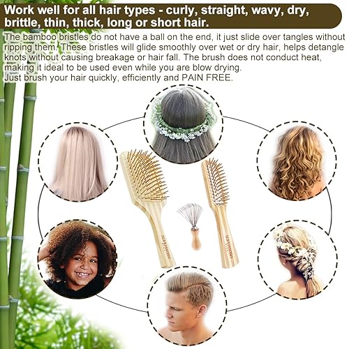 Miniatura 7 de Juego de cepillos para el cabello para mujeres y hombres, cerdas de bambú natural, húmedo, seco, plano, desenredante, cepillos de bambú para todo