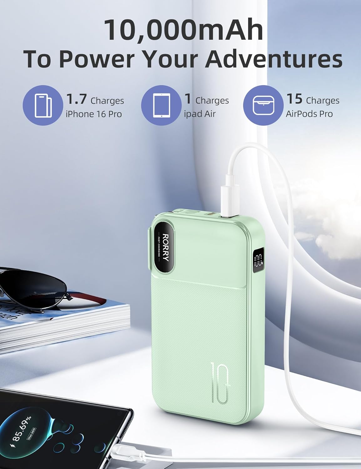 RORRY Portable Charger Built in Cables, AC Wall Plug In Portable Charger Power Bank 10000mAh Travel Battery Pack 22.5W Fast Charging for iPhone 17/16/15 Samsung Galaxy S25/S24/S23 Pixel LG iPad, Green