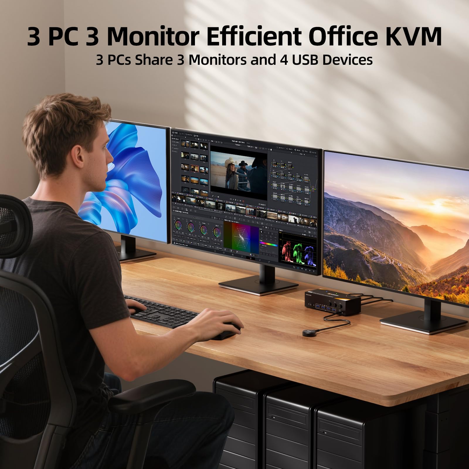 8K@60Hz KVM Switch 3 PCs 3 Monitore, 4K@120Hz HDMI DisplayPort KVM Switch drei Monitore, inklusive Netzteil, kabelgebundener Fernbedienung und USB 3.0-Kabel