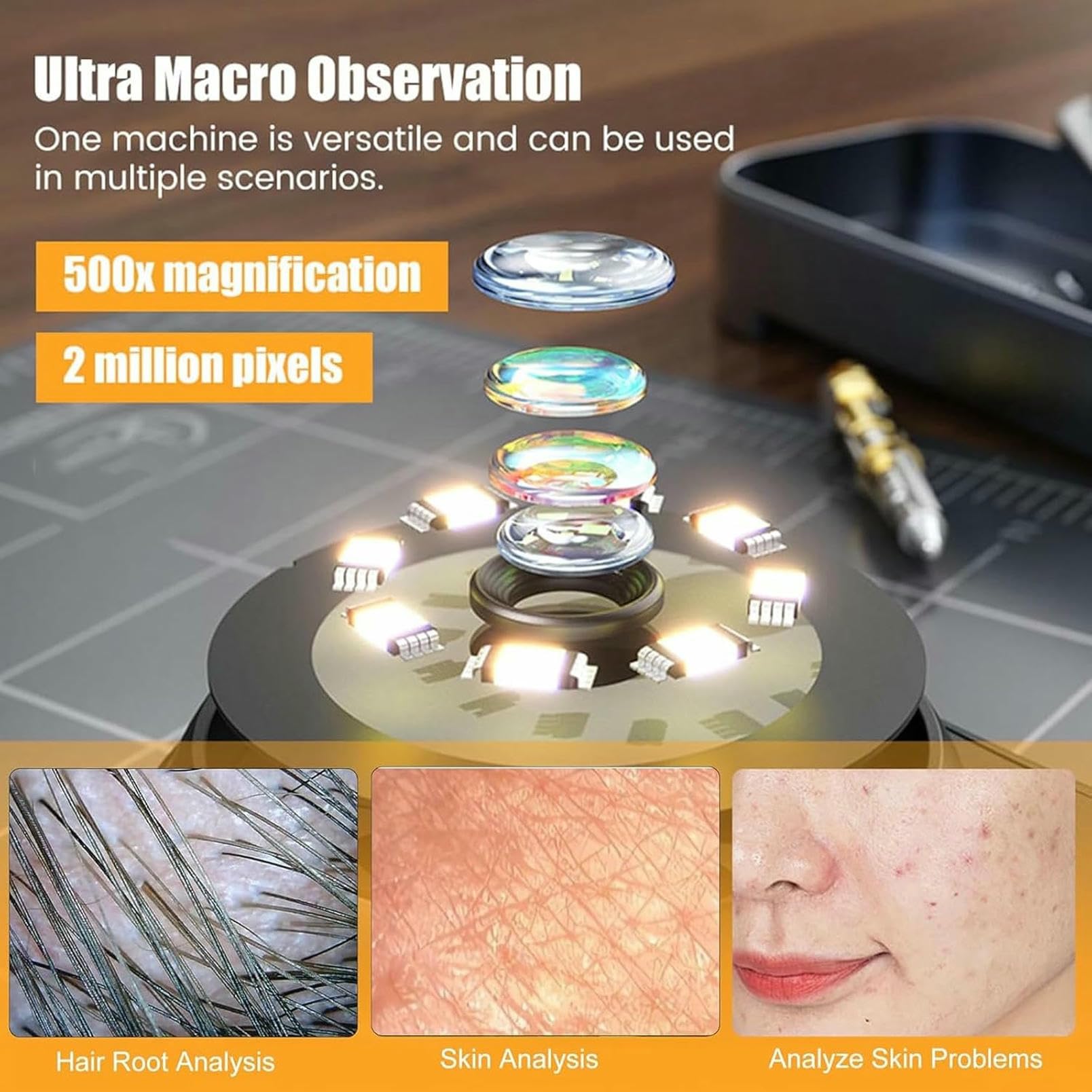 Microscopio digital, aumento de 500X, pantalla IPS de 2 pulgadas, dermatoscopio portátil con soporte de formato JPG/AVI para piel y cuero cabelludo
