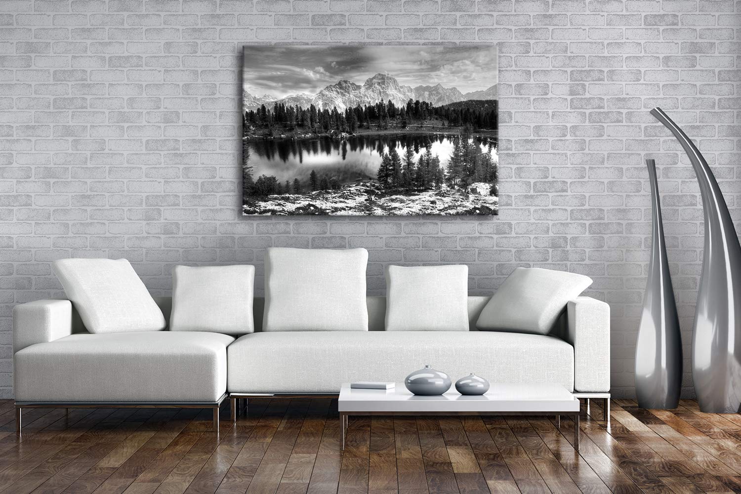 Leinwandbild Zauberhafter See in den Bergen – Stille im Herzen der Natur Format: 120x80 cm Effekt: Schwarz&Weiß XXL Kunstdruck Bild auf Keilrahmen/Wandbild/Wohnzimmer Deko