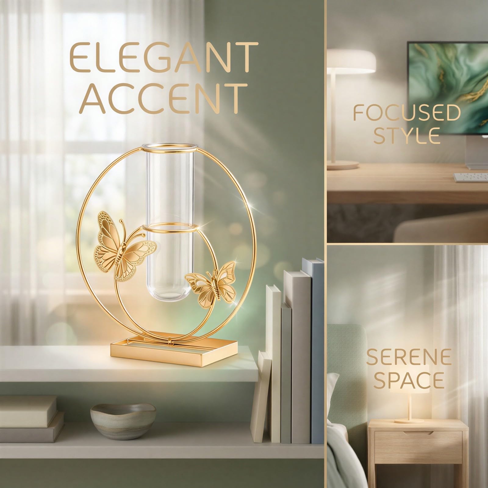 Hydroponischer Blumentopf mit 3D Schmetterlingsmuster, Goldmetall und Klarglas, 20 x 21 cm, Tischvase mit herausnehmbaren Reagenzglas-Einsätzen für Wohnzimmer, Home Office und Hochzeitstafel