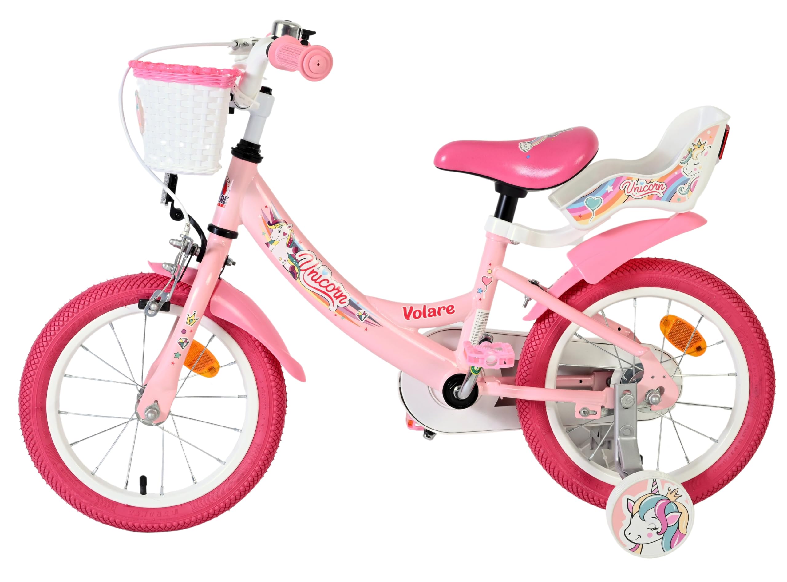 Volare Einhorn Kinderfahrrad Pink | 14 Zoll | 3,5–5 Jahre | Hand- & Rücktrittbremse | Stützräder | Verstellbarer Sattel | Puppensitz & Korb | Geschenk für Mädchen