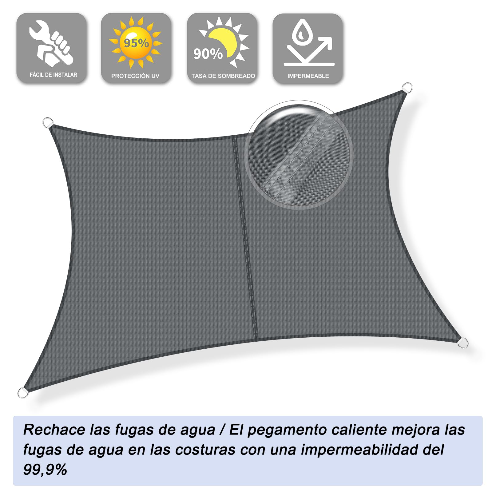 Sunnylaxx Toldo Vela de Sombra Rectangular 3x3m Impermeable Toldos Exterior Terraza,Oxford 420D Protección Rayos UV para Exteriores, Pergola, Patio,Jardín,Terrazas-Antracita