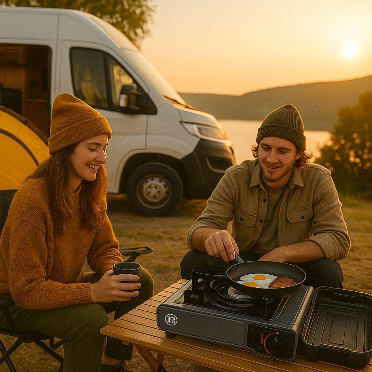 INTEC - Réchaud Gaz Portable 1 Feu 2,2 KW + 8 Cartouches gaz Butane incluses Allumage Piezo – Camping Randonnée Cuisine Extérieure