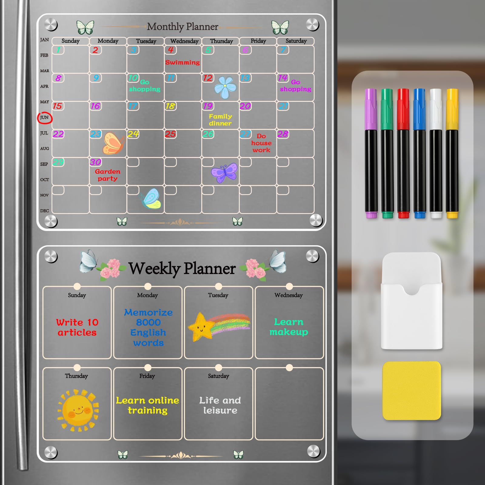 Photo 1 of Acrylic Magnetic Monthly and Weekly Calendar for Fridge - Dry Erase Board Calendar for Fridge Reusable Planner with 6 Markers / 8 Silicone Sleeves / 1 Eraser / 1 Pen Holder Fridge Calendar 16x12 Inch