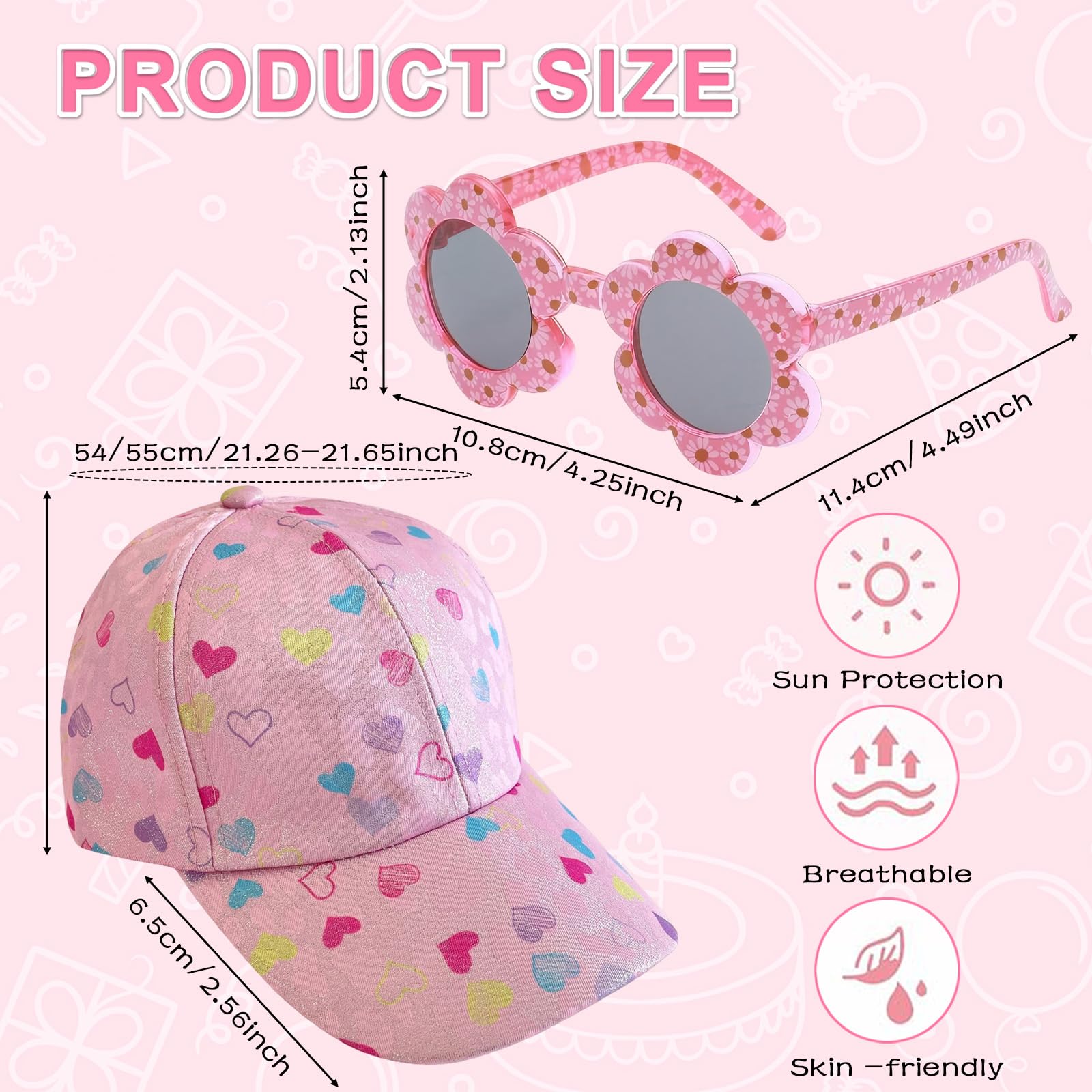 Gorra de niña con Visera + Gafas de Sol Florales Set de Verano Transpirable Ajustable 52-56 cm Rosa