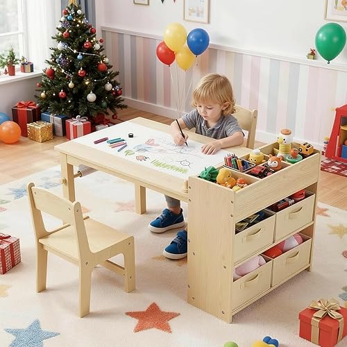 Vista 6 de Arlopu Kids Art Table and 2 Chairs Set, Large Size Toddler Wood Activity Table, Sturdy Drawing Desk with Large Storage, 4 Bins, Paper Roll for