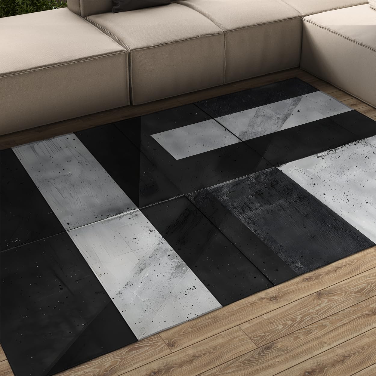 Tapis 120x150 noir et blanc de salon lavable et antidérapant au design géométrique moderne