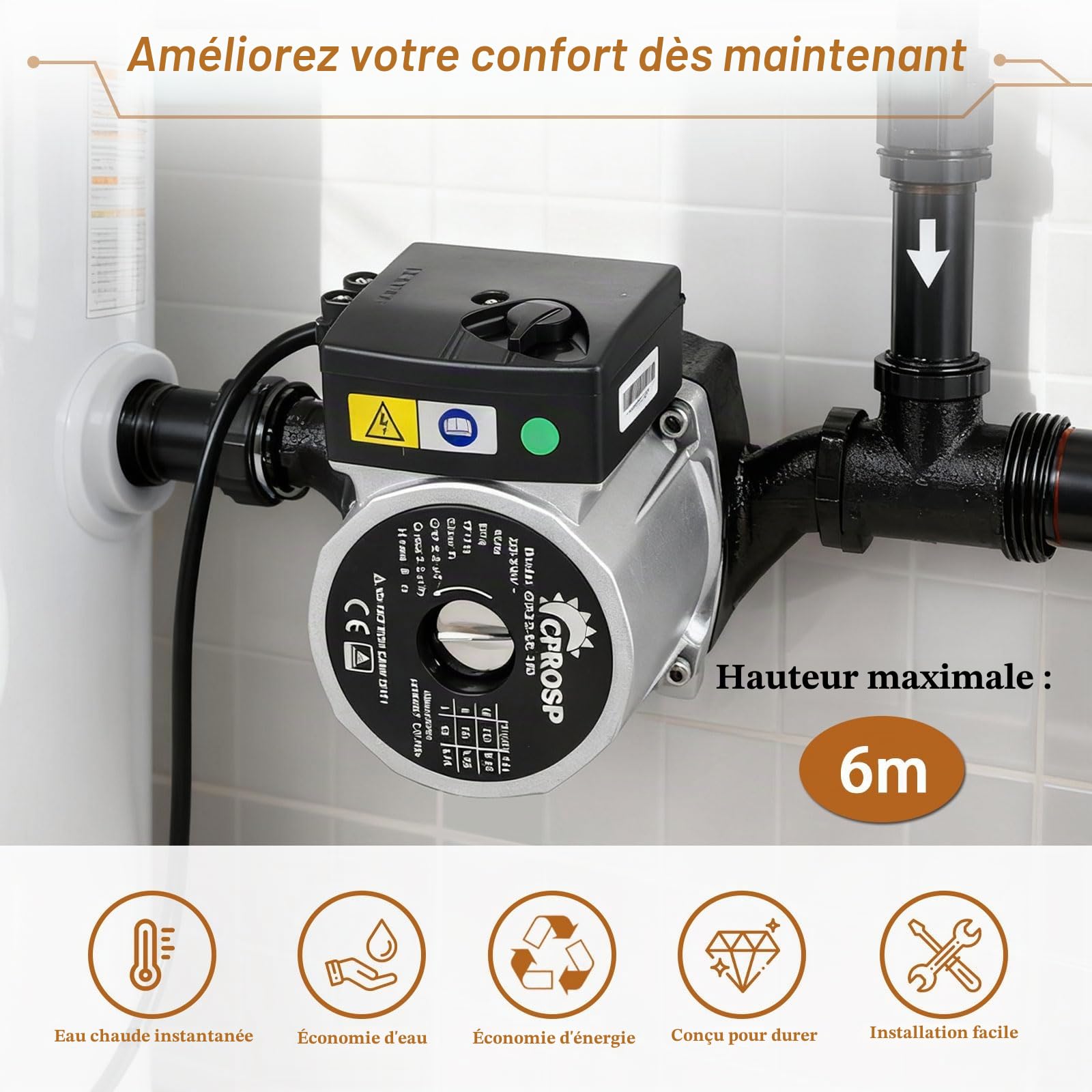 CPROSP Circulateur Chauffage, Pompe de Chauffage à 3 Niveaux (55-70-100 W), Circulateur Eau Chaude Sanitaire 6 Mètres de Hauteur de Refoulement, Pompe Circulation Eau Chaude