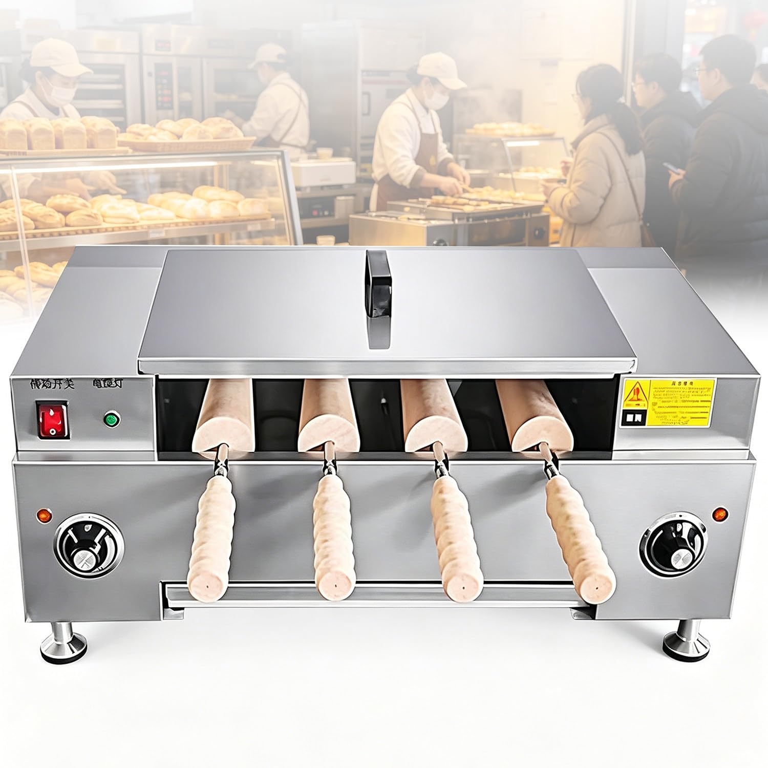 Azcabjie Chimney Bread Roll Baking Machine, 4 Rollers Electric Ice Cream Cone Oven, High Power 3000W Multifunctional Waffle Toast Making Equipment Knob