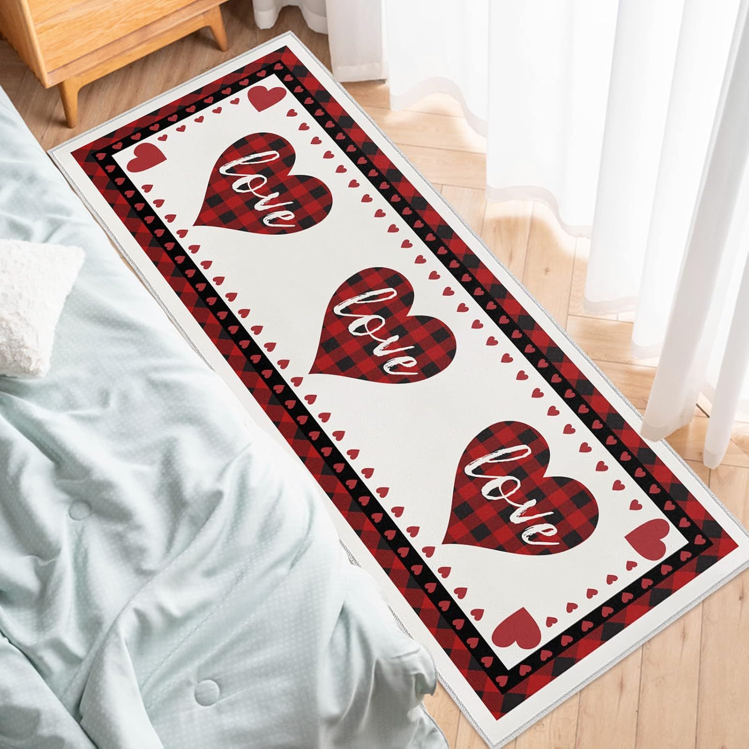 キッチンマット 台所マット 玄関マット フランネル 北欧 おしゃれ バレンタイン　紅い格子　愛情　ロマンチック 防汚 滑り止め ズレ